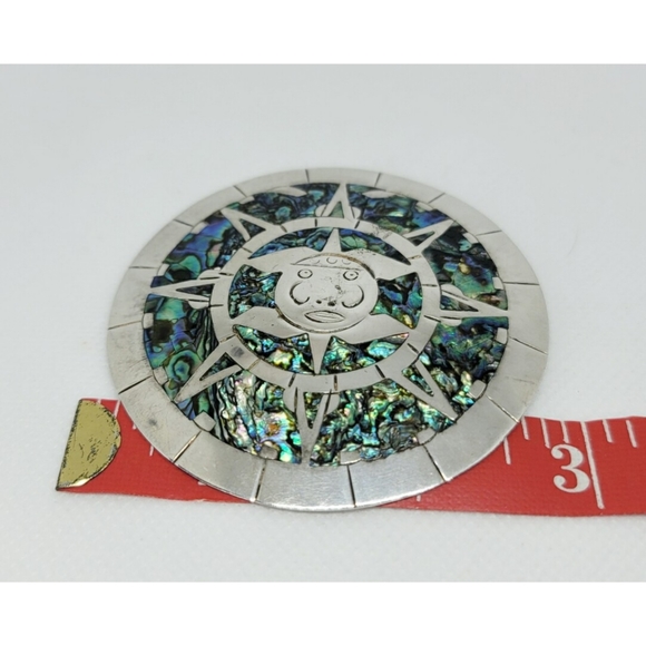 Vintage Abalone and Taxco Sterling 925 Silver Hecho en Mexico Sun Brooch - Picture 6 of 7